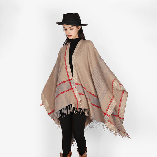 Damen Oversize Capeponcho aus Wollmix mit Karomuster und Fransensaum Shop Nory