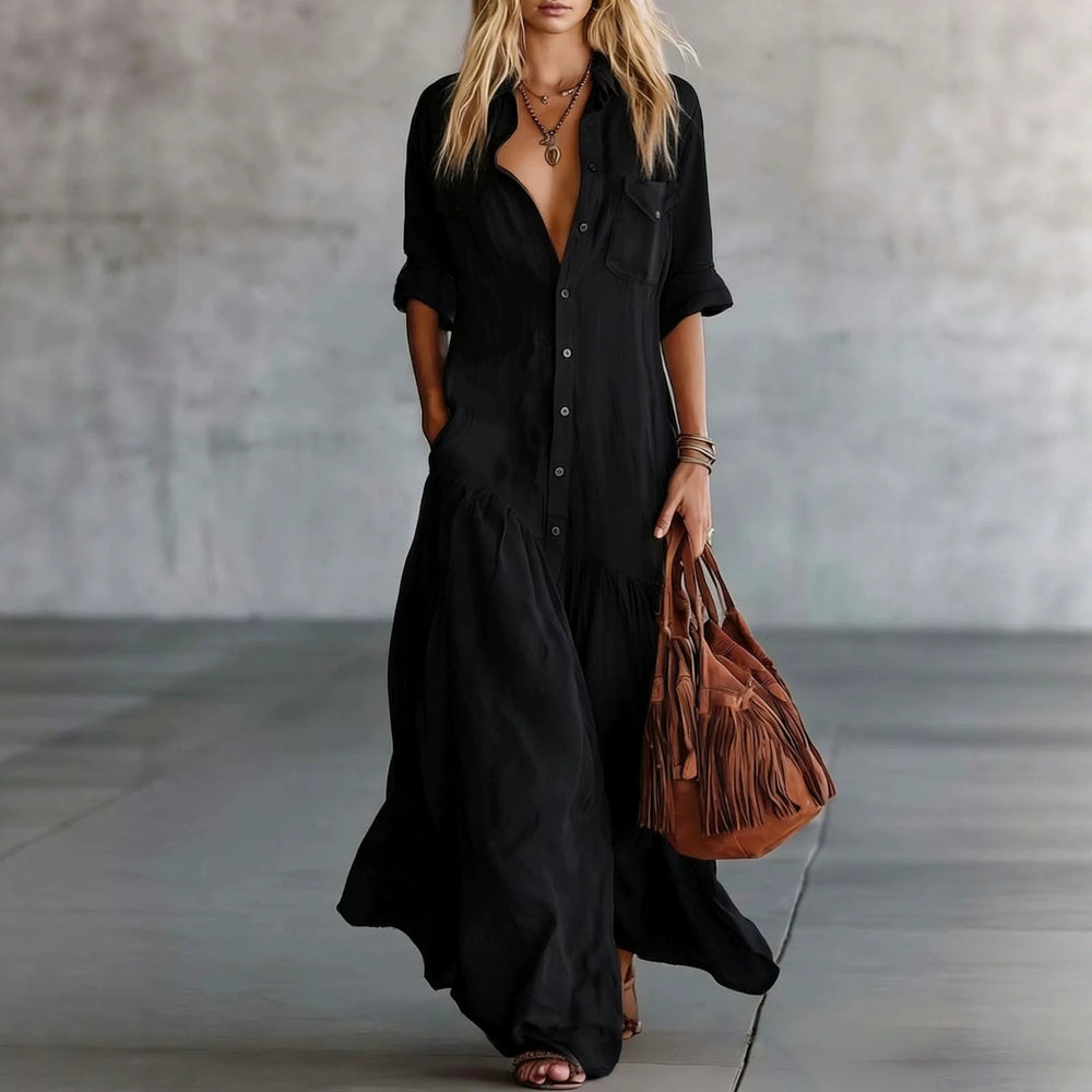 Damen Langes fließendes Hemdblusen-Maxikleid mit Knopfleiste, aufgesetzten Brusttaschen und seitlichen Eingrifftaschen Shop Nory