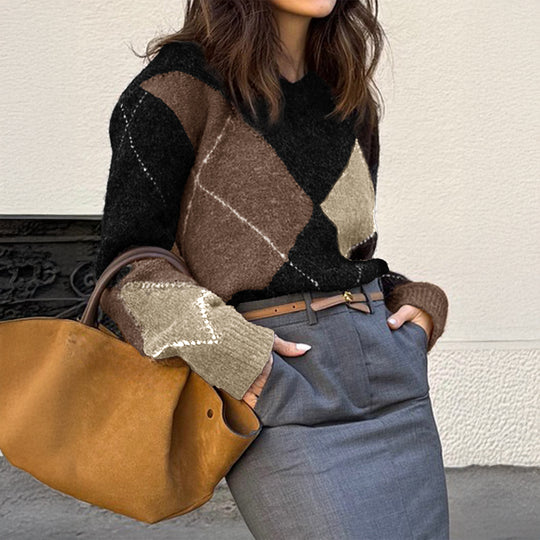 Damen nan oversized Argyle-Strickpullover mit kastigem Schnitt und geripptem Rundhalsausschnitt Shop Nory