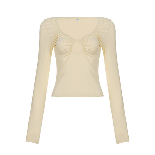 Damen nan tailliertes Langarmshirt mit tiefem V-Ausschnitt, Raffung und Schlüssel‑Cutout Shop Nory