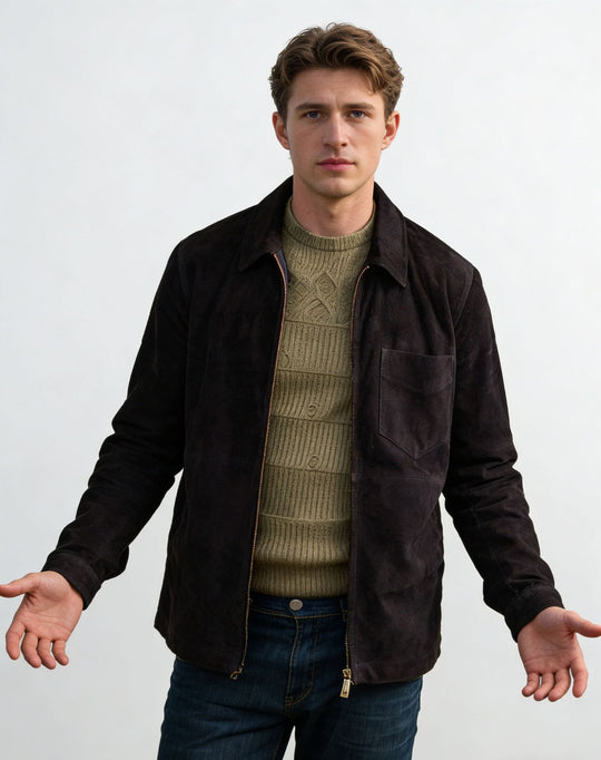 Herren Velourslederjacke mit Reißverschluss und Hemdkragen Shop Nory