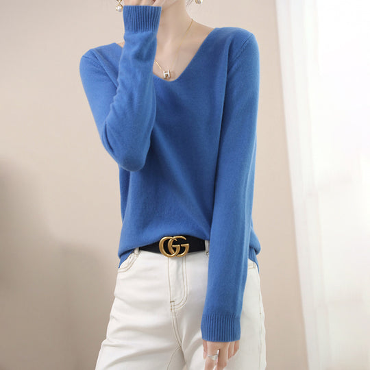 Damen V-Ausschnitt Pullover in Kaschmir-Optik mit legerem Schnitt und Rippbündchen Shop Nory