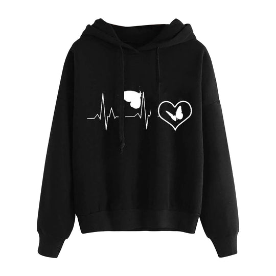 Damen nan leichter Oversize Kapuzenpullover mit Herz‑EKG‑Motiv, langen Kordeln und elastischem Bund Shop Nory