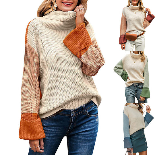 Damen nan lockerer Rollkragenpullover mit Colourblock-Ärmeln und weitem Trompetenärmel Shop Nory