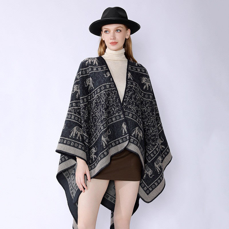 Damen Capeponcho im Wickelstil mit ornamentaler Jacquardstruktur und offenem Kimono-Fall Shop Nory
