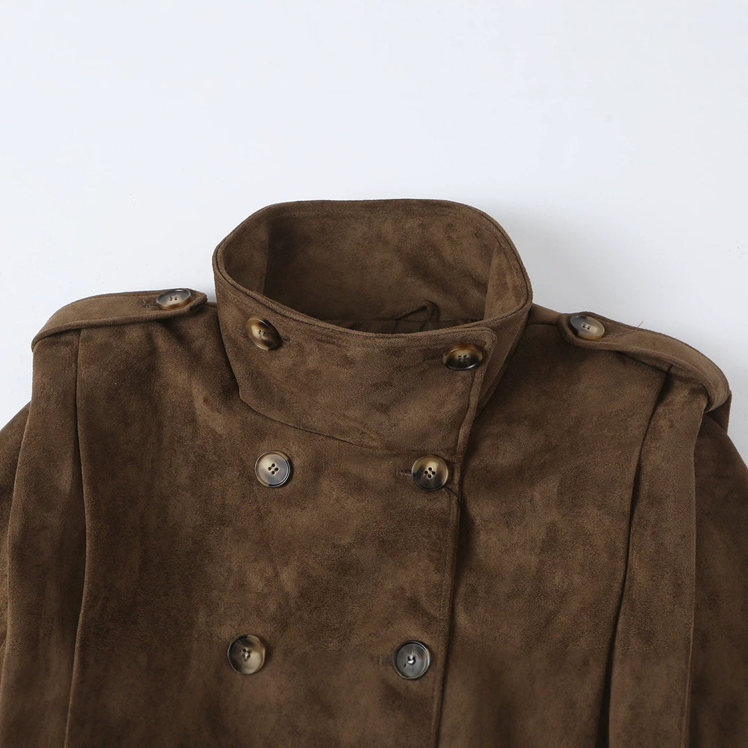 Damen Kurze Doppelreihige Velourslederjacke mit Stehkragen und Epauletten Shop Nory