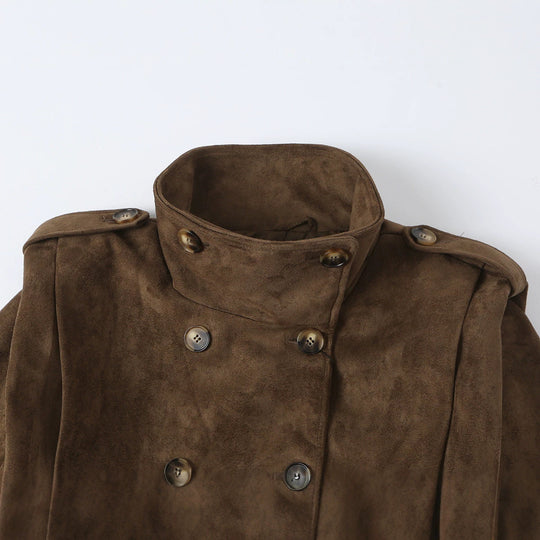 Damen Kurze Doppelreihige Velourslederjacke mit Stehkragen und Epauletten Shop Nory