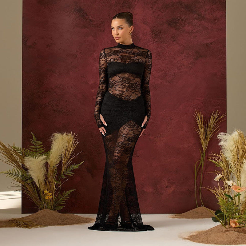 Damen Spitzenmaxikleid mit transparentem Langarmdesign und figurformendem Schnitt