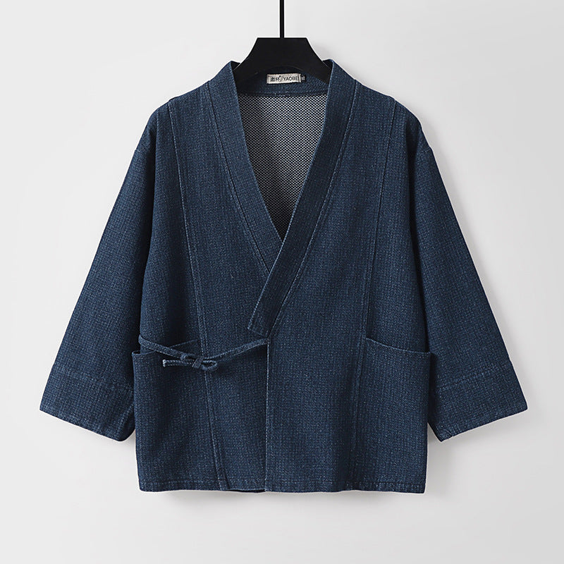 Unisex Jeans-Kimono-Jacke mit Bindegürtel und aufgesetzten Taschen Shop Nory