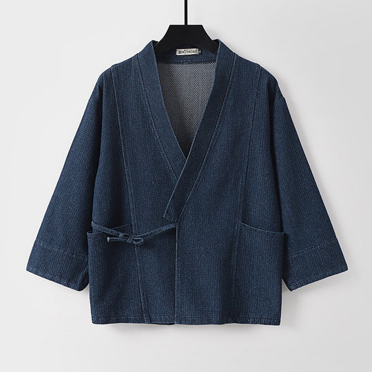 Unisex Jeans-Kimono-Jacke mit Bindegürtel und aufgesetzten Taschen Shop Nory