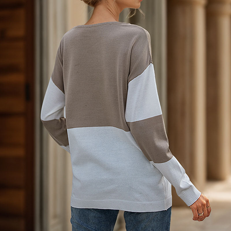 Damen Oversize Strickpullover mit Rundhals, Ajour-Dreieck und Blockstreifen Shop Nory