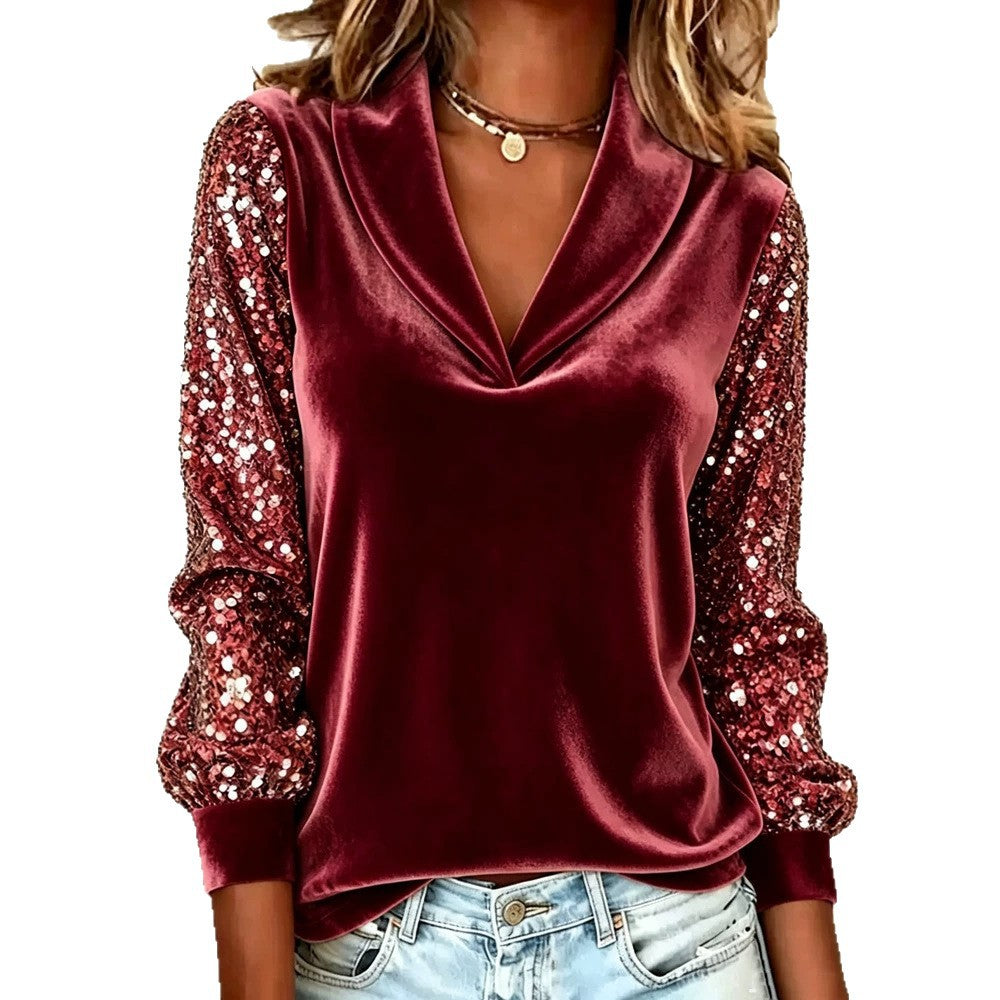 Damen Elegante Samtbluse mit Schalkragen, Paillettenärmeln und Ballonärmeln Shop Nory