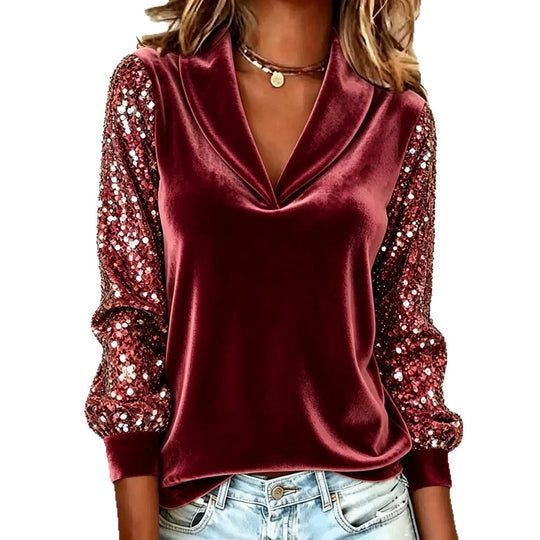 Damen Elegante Samtbluse mit Schalkragen, Paillettenärmeln und Ballonärmeln Shop Nory