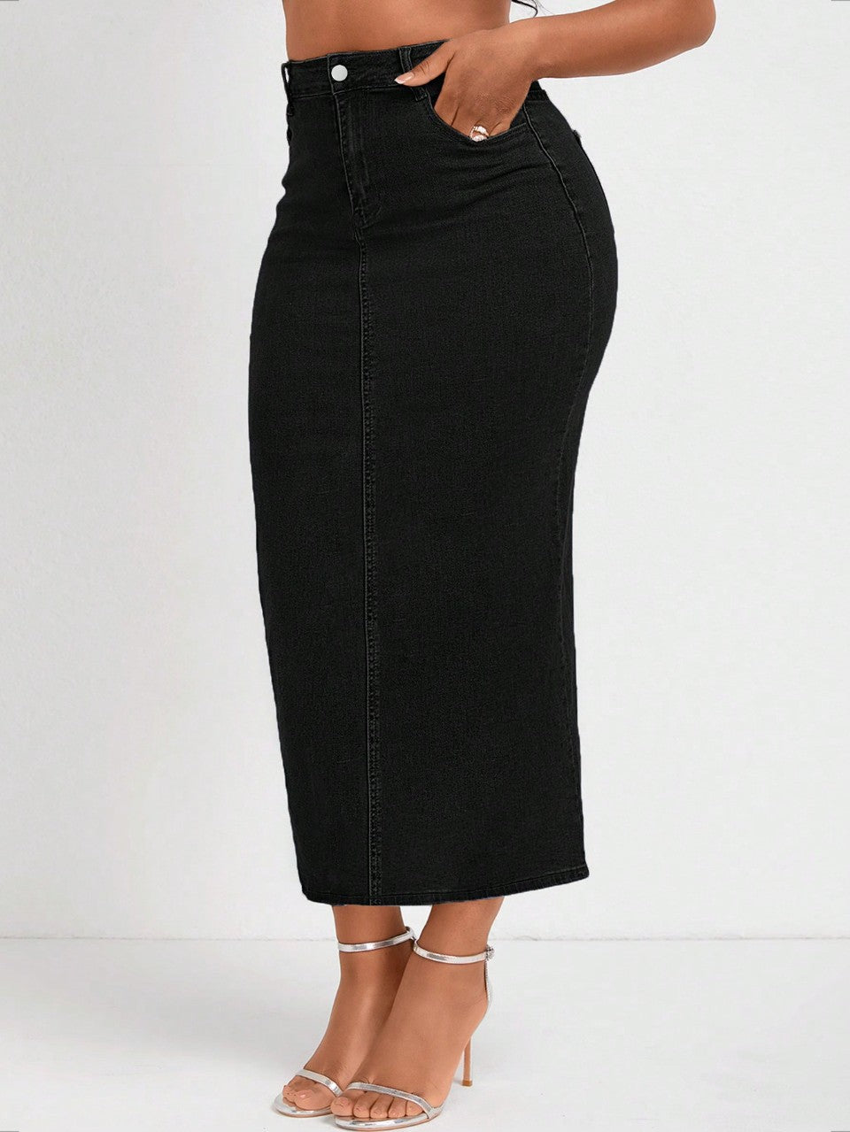 Damen Taillenhoher Stretch-Denim-Midirock mit sichtbarer Mittelnaht und Five-Pocket-Design Shop Nory
