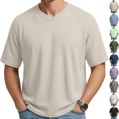 Herren nan lässiges V-Ausschnitt Waffelstrick-T-Shirt aus atmungsaktivem Baumwollmix