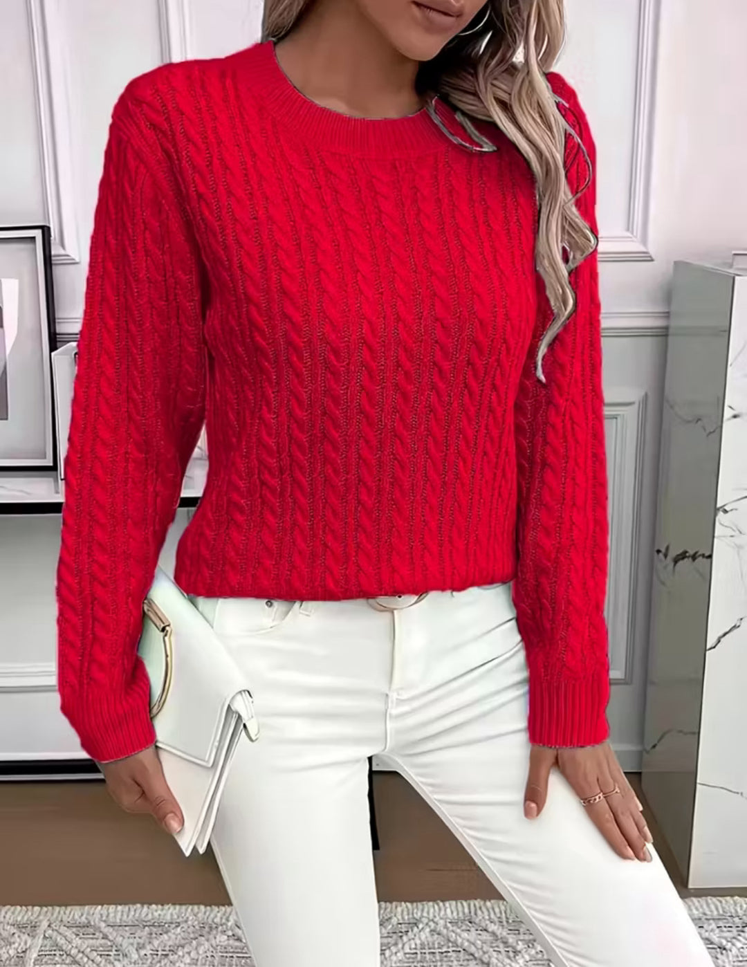 Damen Kurz geschnittener Zopfmuster-Strickpullover mit Rundhalsausschnitt Shop Nory