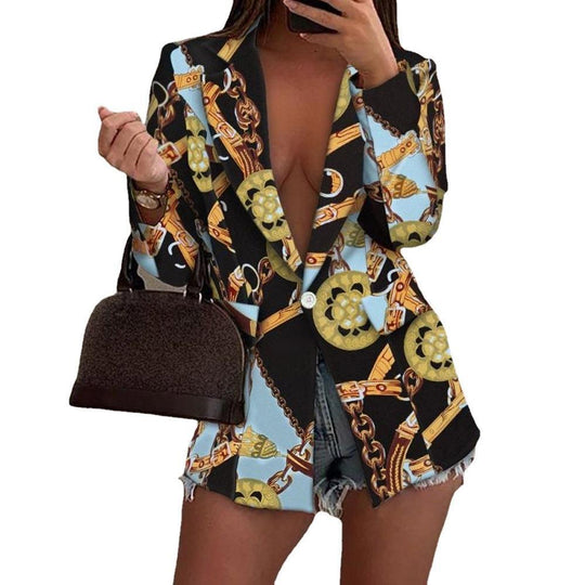 Damen Gemusterter Longline-Blazer mit Ein-Knopf-Verschluss und Seidentuch-Print Shop Nory