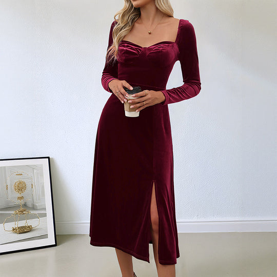 Damen Samt-Midikleid mit herzförmigem Ausschnitt, taillierter Silhouette und Langarm Shop Nory