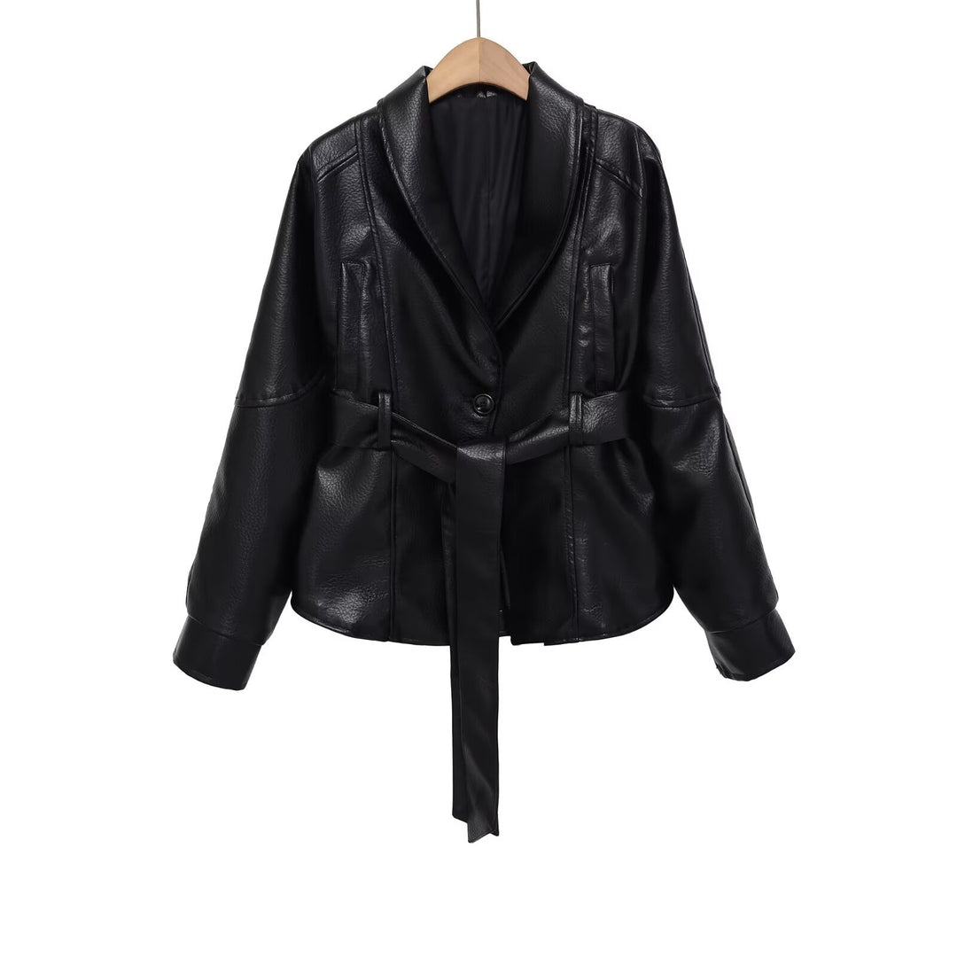 Damen Kurzjacke aus veganer Lederoptik mit Taillengürtel und Schalkragen Shop Nory