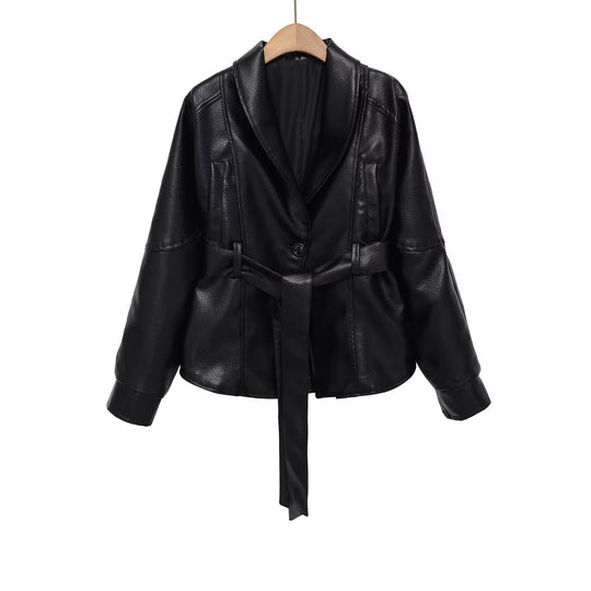 Damen Kurzjacke aus veganer Lederoptik mit Taillengürtel und Schalkragen Shop Nory