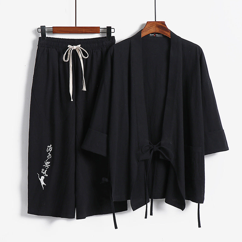 Unisex Leichtes Kimono-Loungewear-Set aus Baumwoll-Leinen mit bestickter Haremshose und Bindegürtel Shop Nory
