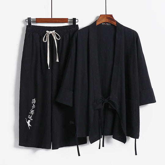 Unisex Leichtes Kimono-Loungewear-Set aus Baumwoll-Leinen mit bestickter Haremshose und Bindegürtel Shop Nory