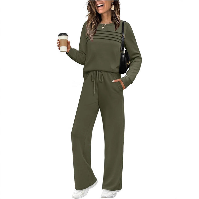 Damen Zweiteiliges Lounge-Set mit Plissee-Detail, Rundhals-Sweatshirt und weitem Kordel-Hose Shop Nory