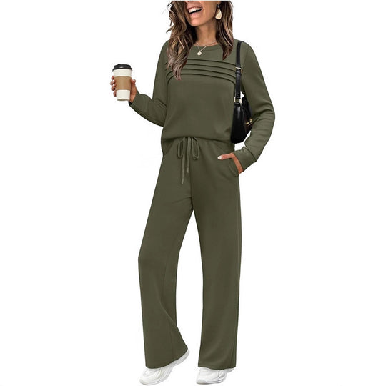 Damen Zweiteiliges Lounge-Set mit Plissee-Detail, Rundhals-Sweatshirt und weitem Kordel-Hose Shop Nory
