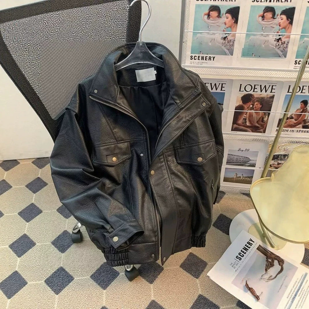 Damen Modische Kunstlederjacke mit hohem Kragen Shop Nory