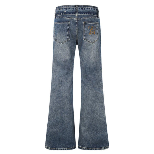 Damen High-Waist Flared-Denimjeans mit Nietenbesatz, weitem Schlag und Ziergürtel Shop Nory