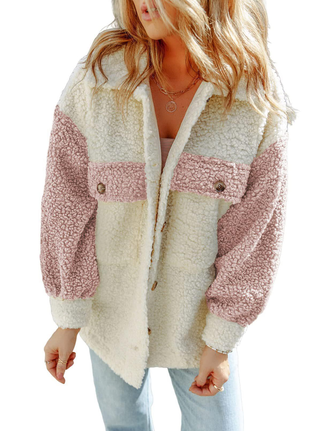 Damen nan oversized Teddy-Hemdjacke mit Kontraststreifen, aufgesetzten Brusttaschen und sichtbarer Knopfleiste Shop Nory