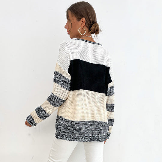 Damen Oversize Strickpullover mit grobem Rippstrick, Blockstreifen und weitem Rundhalsausschnitt Shop Nory