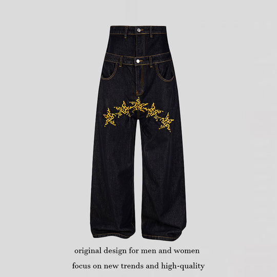 Damen Hochtaillierte weite Jeanshose mit dekorativer Sternstickerei Shop Nory