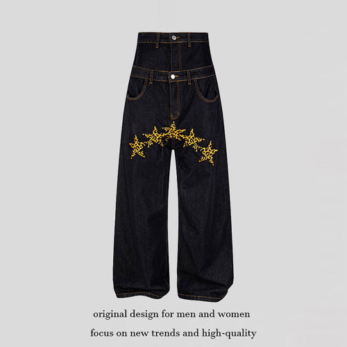 Damen Hochtaillierte weite Jeanshose mit dekorativer Sternstickerei Shop Nory