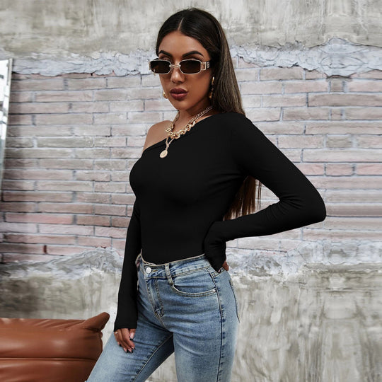 Damen asymmetrisches One-Shoulder Longsleeve-Top mit schlanker Sculpting-Passform und feiner Rippstruktur Shop Nory