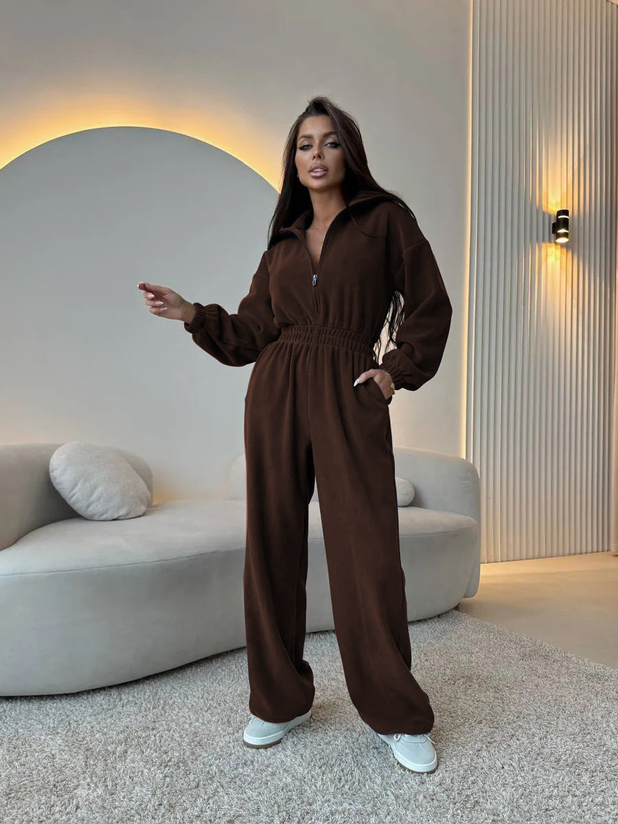Damen Oversized Loungewear-Jumpsuit mit halbem Reißverschluss und elastischer Taillenraffung Shop Nory