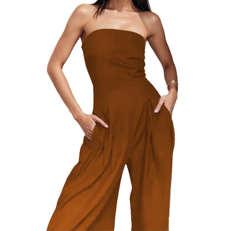 Damen elegantes Maxi-Jumpsuit mit schulterfreiem Design und praktischen Seitentaschen Shopnory