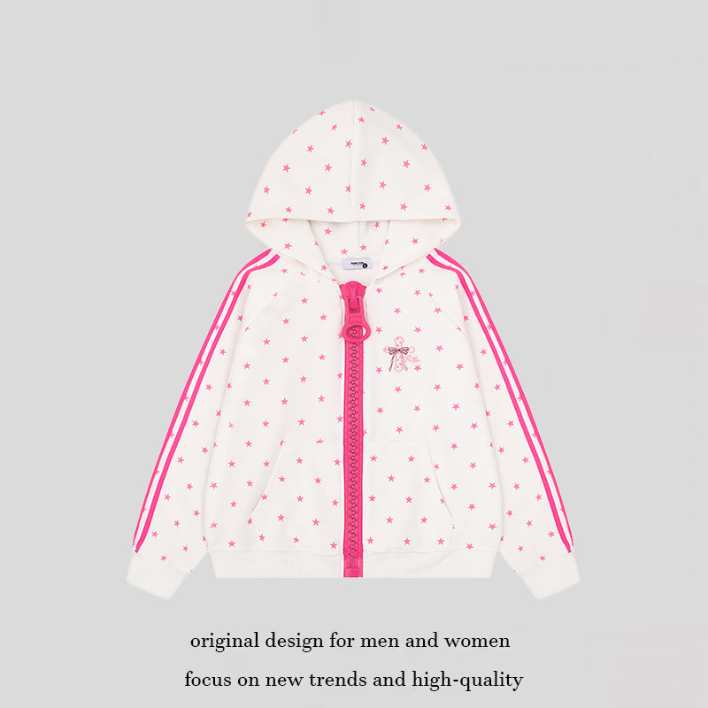 Damen Kapuzen-Sweatjacke mit Sternen-Allover, breitem Kontrastreißverschluss und seitlichen Streifen Shop Nory