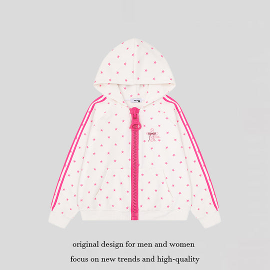 Damen Kapuzen-Sweatjacke mit Sternen-Allover, breitem Kontrastreißverschluss und seitlichen Streifen Shop Nory