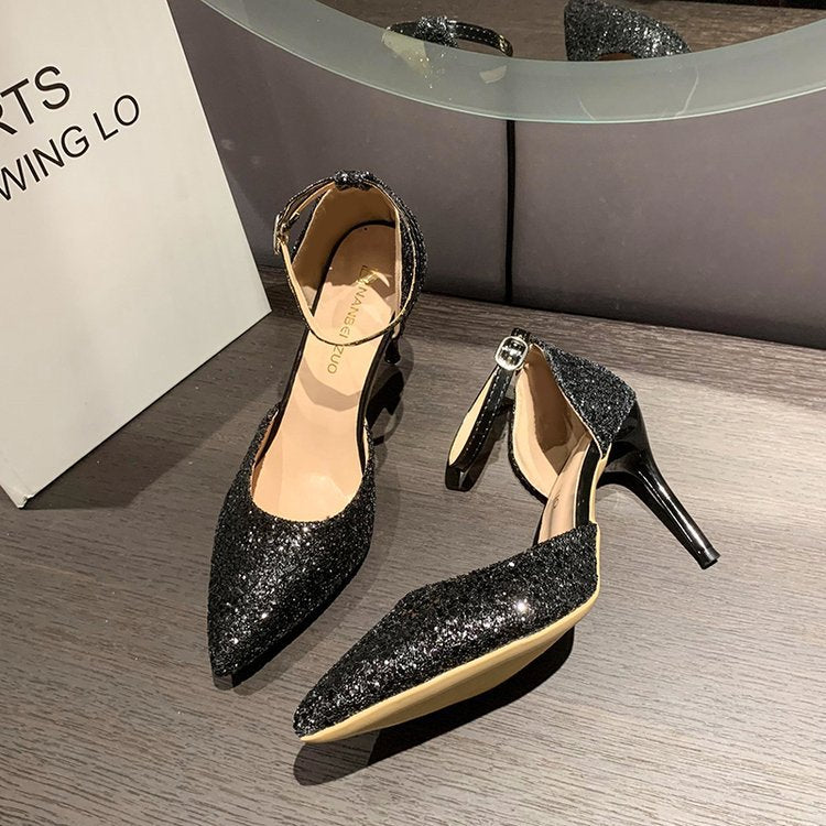Damen elegante Spitzen High Heels mit transparentem Riemen