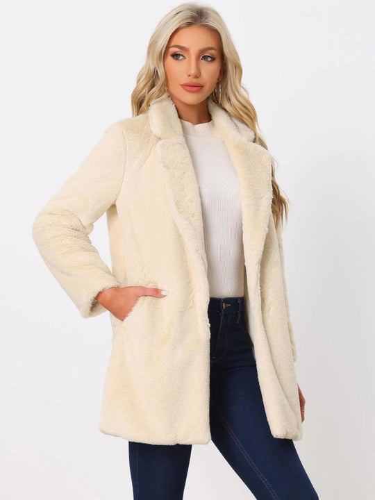 Damen Midilanger Kunstpelz‑Mantel mit softem Schalkragen und Eingrifftaschen Shop Nory