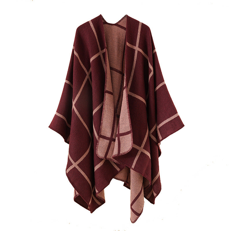 Damen Offener Wollmix-Poncho im Cape‑Stil mit dezentem Karomuster Shop Nory
