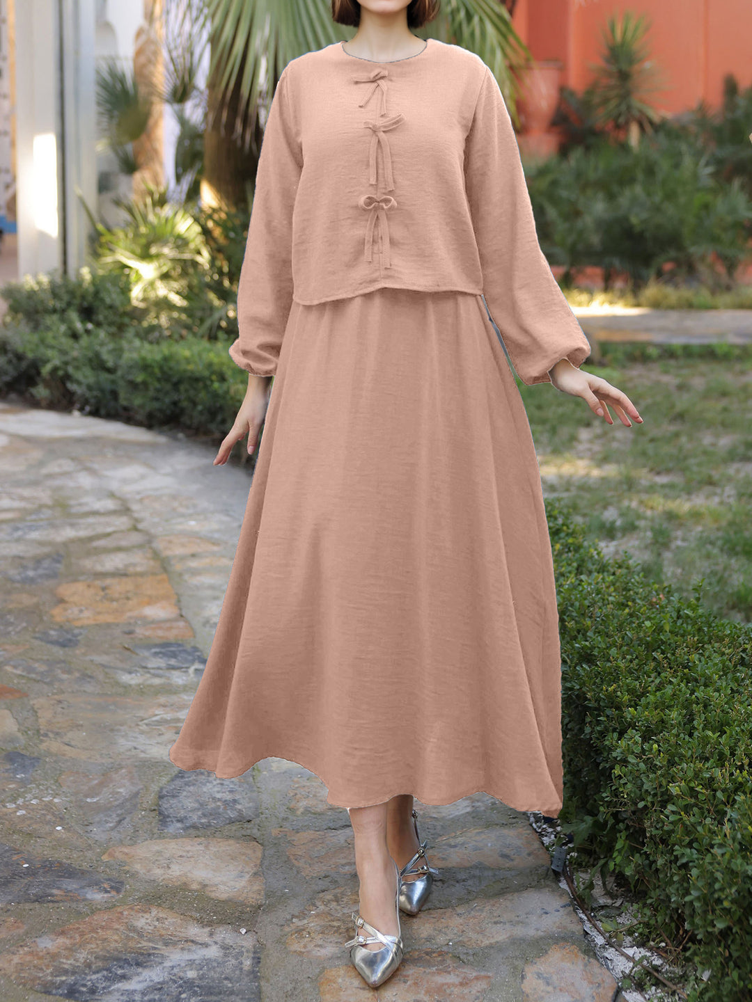 Damen Langes Zweiteiliges Maxikleid mit Überwurf, Rundhals und Zierknoten Shop Nory