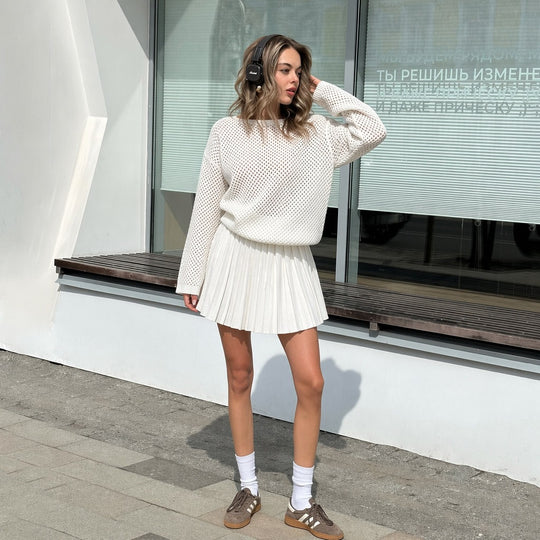 Damen oversized Netzstrickpullover mit plissiertem Minirock-Set Shop Nory