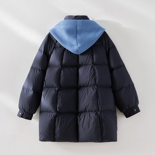 Damen wattierte Steppjacke mit Kapuze Rippkragen weitem Schnitt und Midilänge Shop Nory