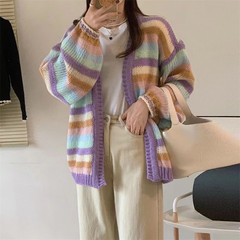Damen Gemusterter Strickcardigan mit luftigen Ärmeln und sanften Farbverläufen