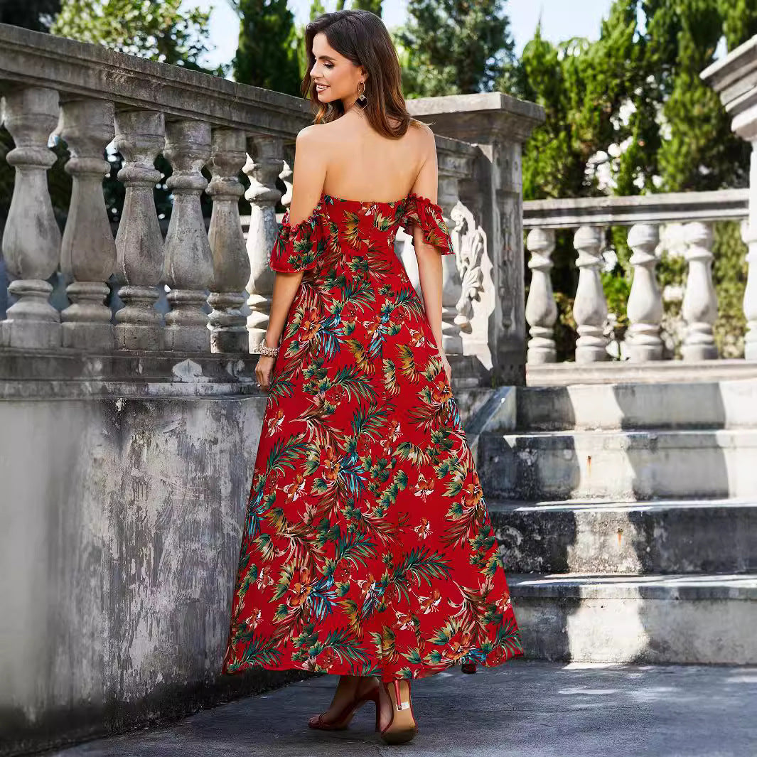 Damen Maxikleid mit schulterfreiem Design und floralem Druck Shopnory