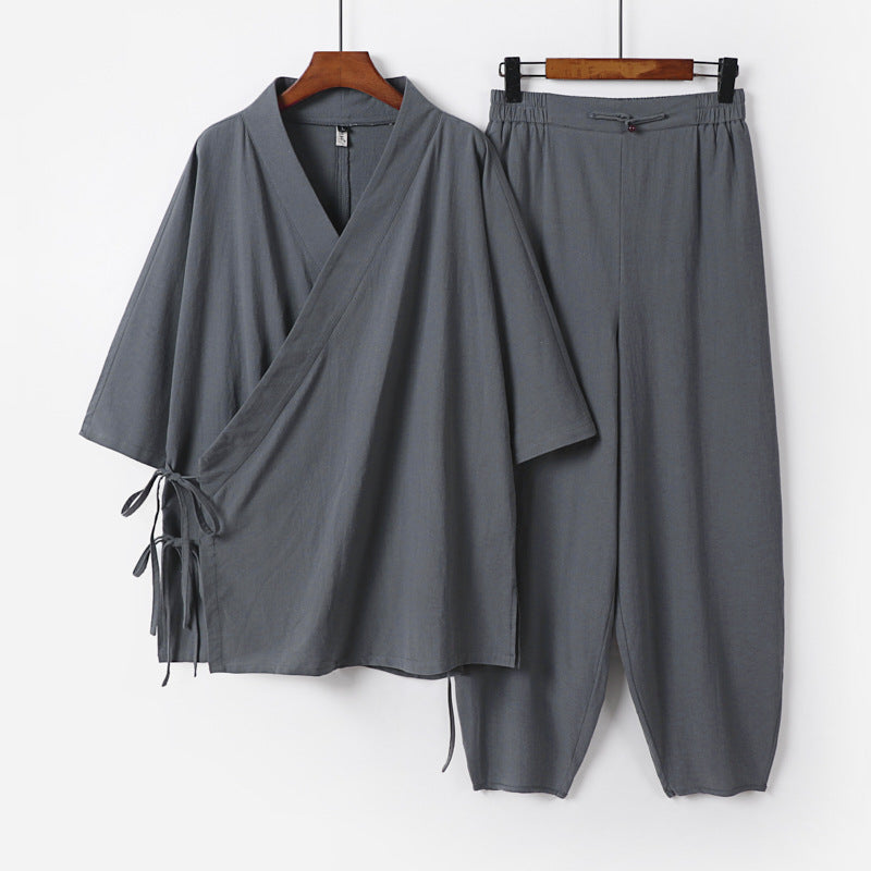 Unisex Leichtes Wickel-Lounge-Set im Kimono-Stil mit seitlichen Bindebändern und elastischer konisch zulaufender Hose Shop Nory