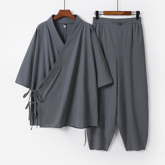 Unisex Leichtes Wickel-Lounge-Set im Kimono-Stil mit seitlichen Bindebändern und elastischer konisch zulaufender Hose Shop Nory
