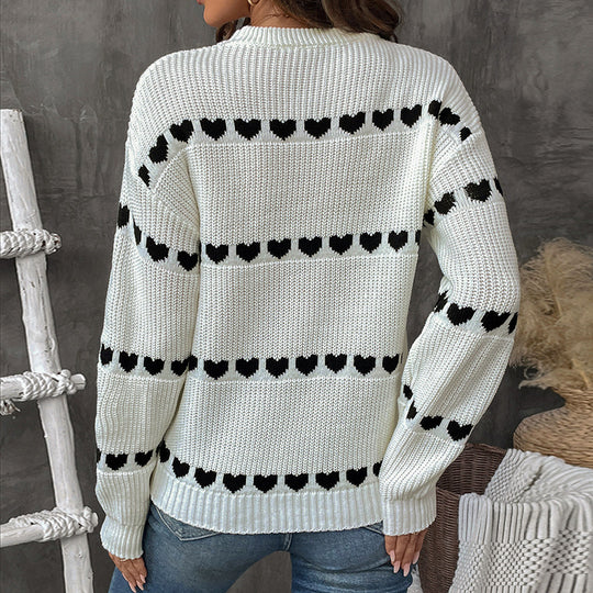 Damen Strickpullover mit Herz-Jacquard, Oversize-Rundhals & Rippbündchen Shop Nory